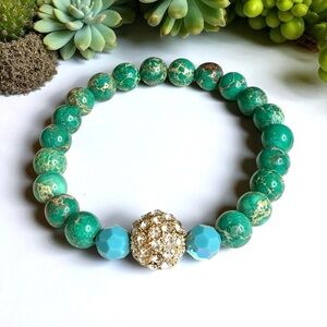 Elegant Imperial Jasper Beaded Bracelet with Gold Crystal Accent Bead